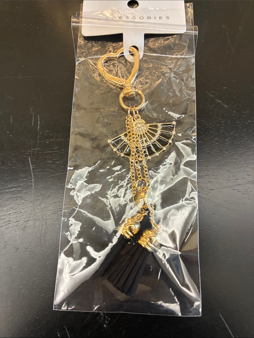 Gold Fan Tassel Keychain with Black Tassels - Women Accessories
